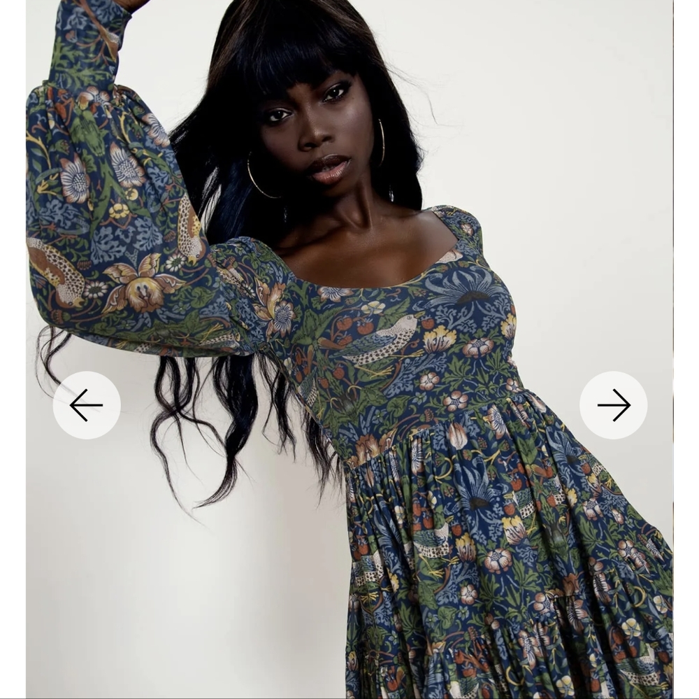 NWT Blackmilk Strawberry Thief Blue Sweet Frill Dress, Sz. Large